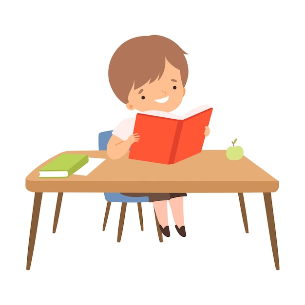 Chico lindo sentado en el escritorio y leyendo un libro niño de preescolar actividad rutinaria diaria vector de dibujos animados