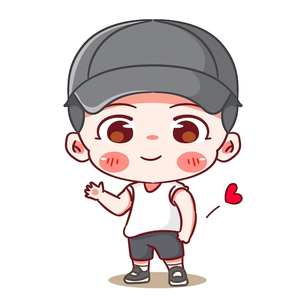 Chico lindo con sombrero y camiseta agitando la mano personaje de dibujos animados estilo coreano moda