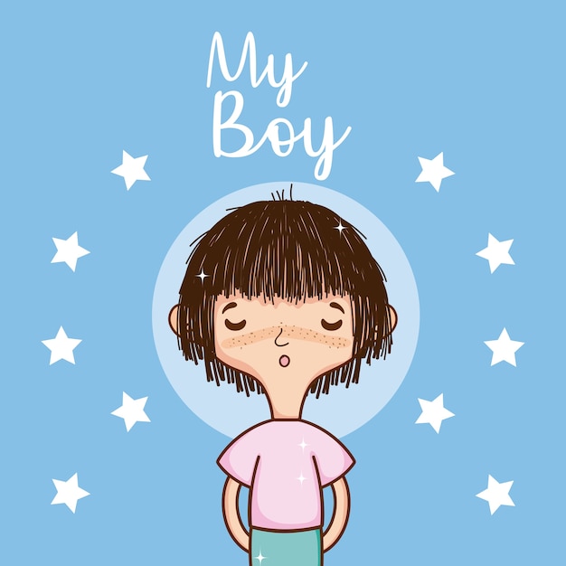 Chico lindo sonriendo con dibujos animados de estrellas