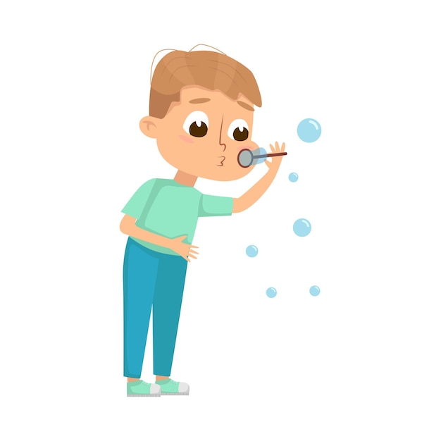 Chico lindo soplando burbujas de jabón a través de la varita adorable niño pequeño jugando con burbujes de jabón dibujos animados