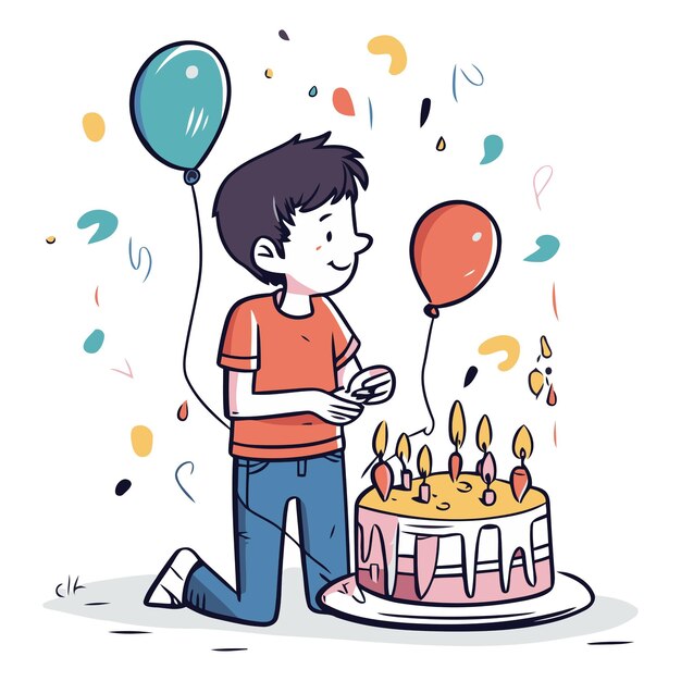 Vector un chico lindo soplando velas en el pastel de cumpleaños