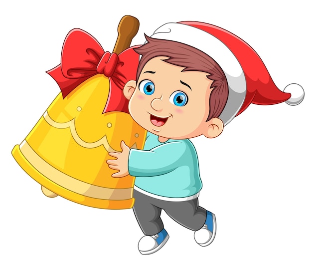 El chico lindo está sosteniendo la gran bola para el día de navidad.