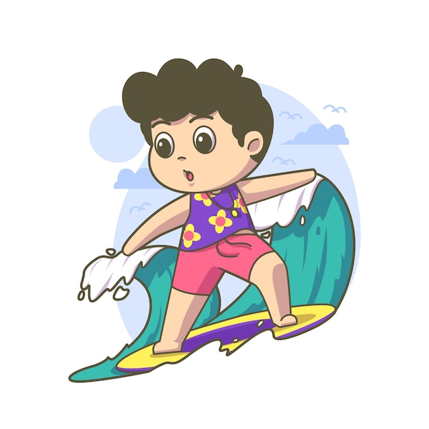 Vector chico lindo surfeando en la ilustración de las olas del océano