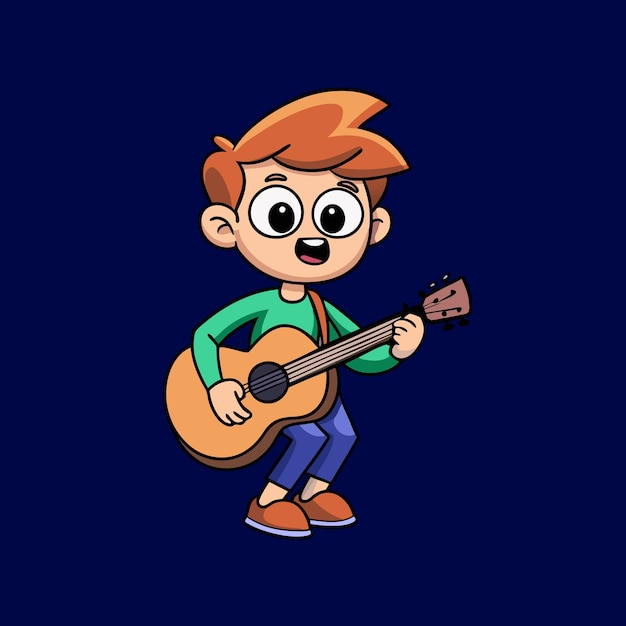 Chico lindo tocando la guitarra Gente de la música Concepto de icono aislado Ilustración vectorial de dibujos animados planos