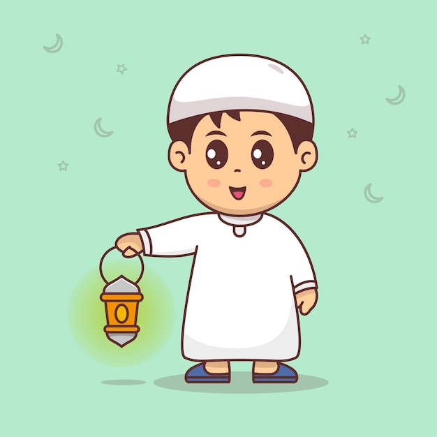 Chico lindo traer linterna celebrando ramadan mubarak eid mubarak dibujos animados vector ilustración plana estilo de dibujos animados