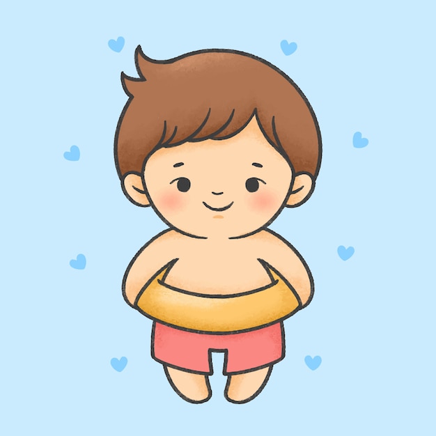 Vector chico lindo en traje de baño con estilo de dibujado a mano de dibujos animados de anillo de vida