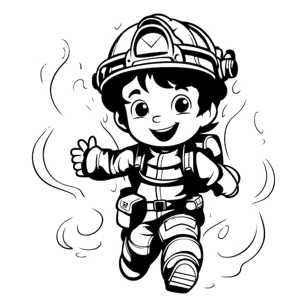 Vector un chico lindo con un traje de bombero y casco.
