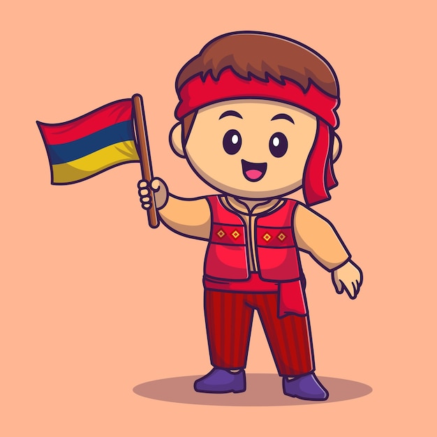 Chico lindo con traje nacional armenio y sosteniendo la bandera armenia día de la república en armenia