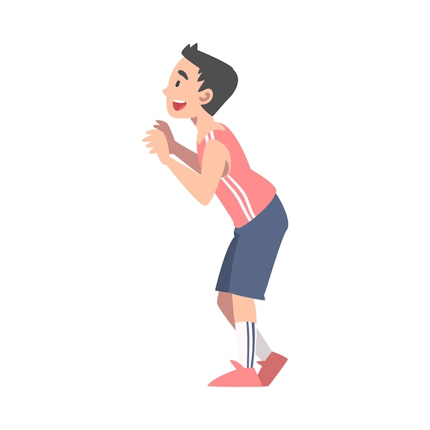 Chico lindo en uniforme deportivo jugando al baloncesto Ilustración vectorial al estilo de dibujos animados