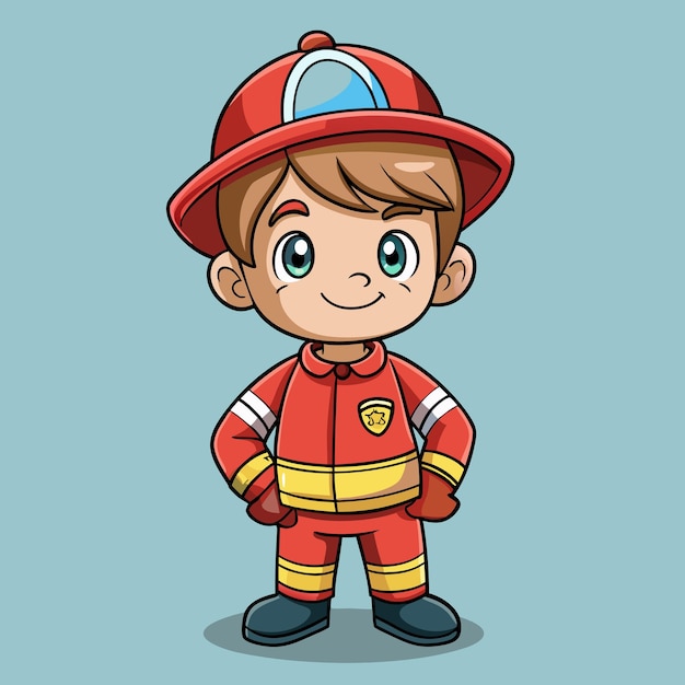 Chico lindo vestido como bombero Vector Clip Art de dibujos animados