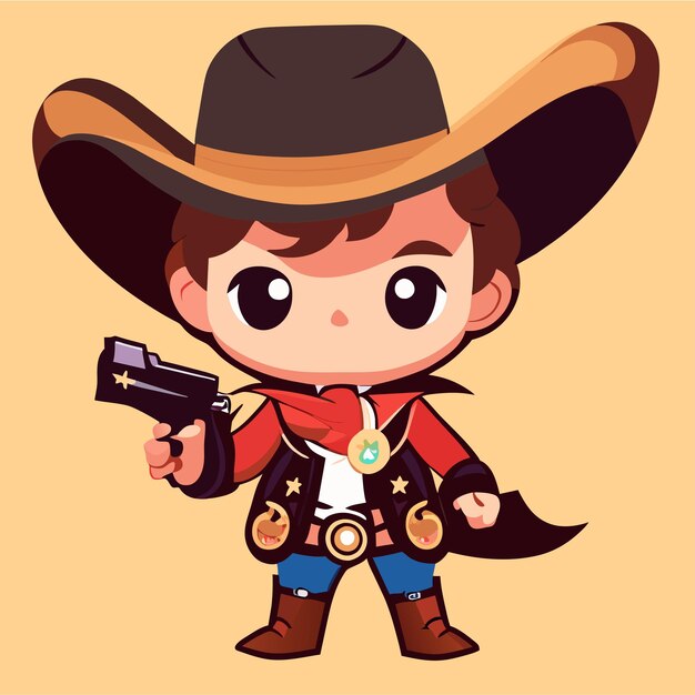 Vector chico lindo vestido como un vaquero con un revólver dibujado a mano icona de pegatina de dibujos animados ilustración de concepto
