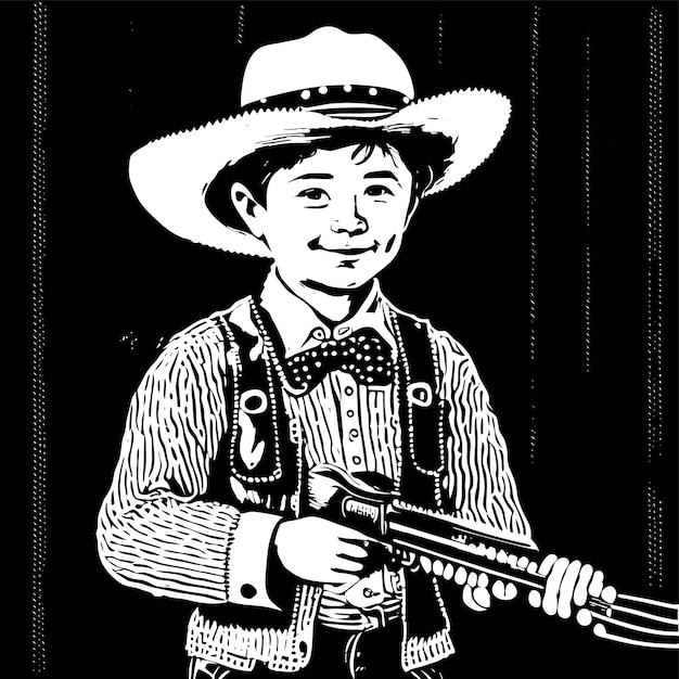 Vector un chico lindo vestido como un vaquero con un revólver dibujado a mano ilustración del concepto de icono de pegatina de dibujos animados