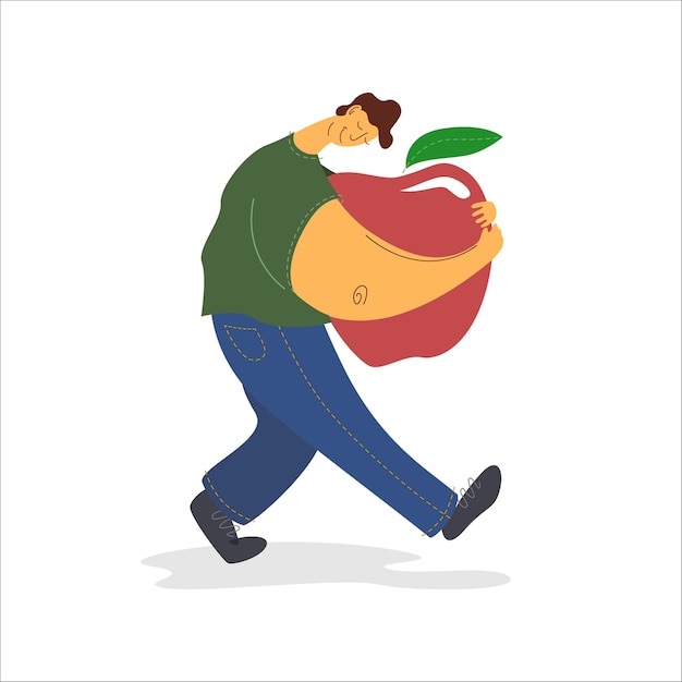 El chico lleva una gran manzana