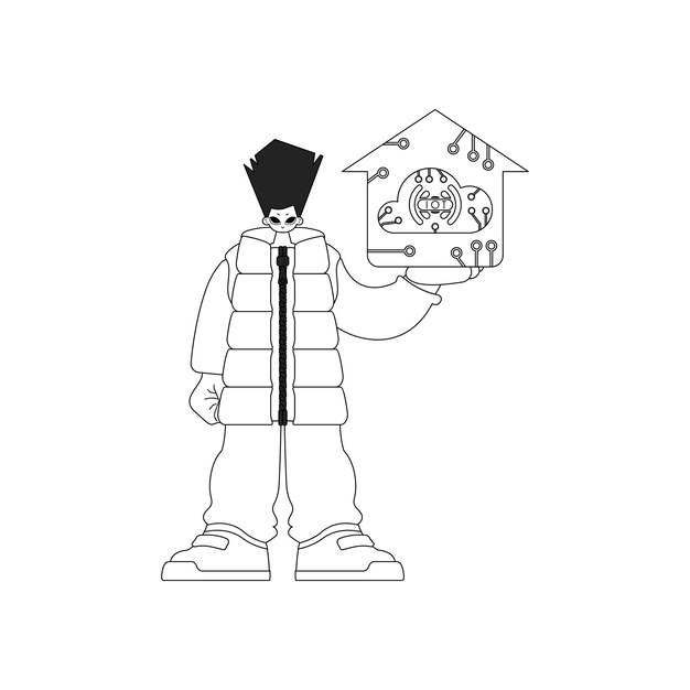Chico con logo de IoT en un diseño lineal vectorial