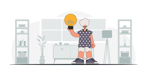 Un chico magnífico sostiene una bombilla en sus manos Tema de idea Estilo retro de moda
