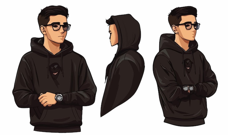 Vector chico de moda con capucha negra y gafas