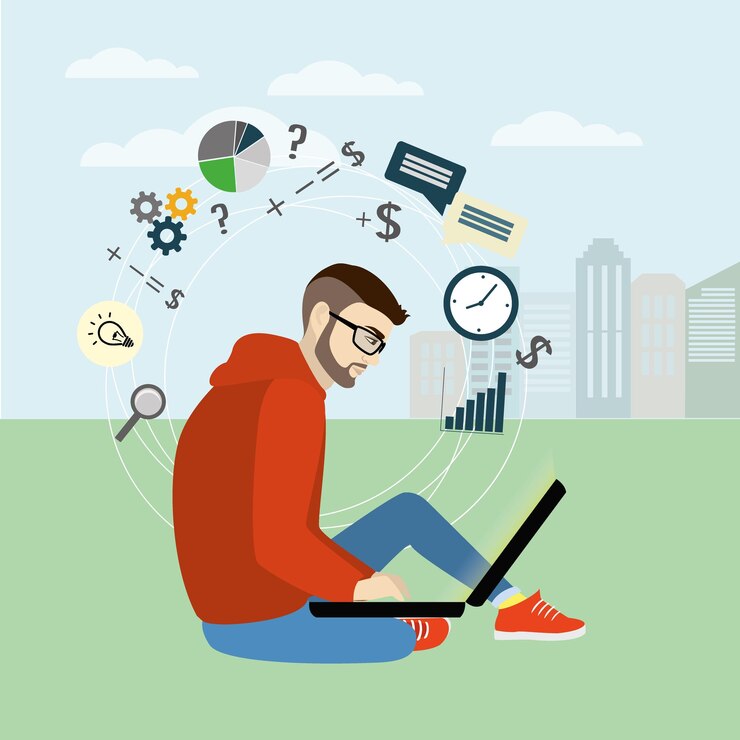 Vector chico de moda sentado con una computadora portátil en el fondo de la ilustración de vector de aplicaciones móviles de la ciudad