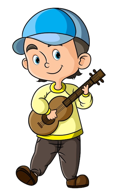 El chico músico está tocando la guitarra.