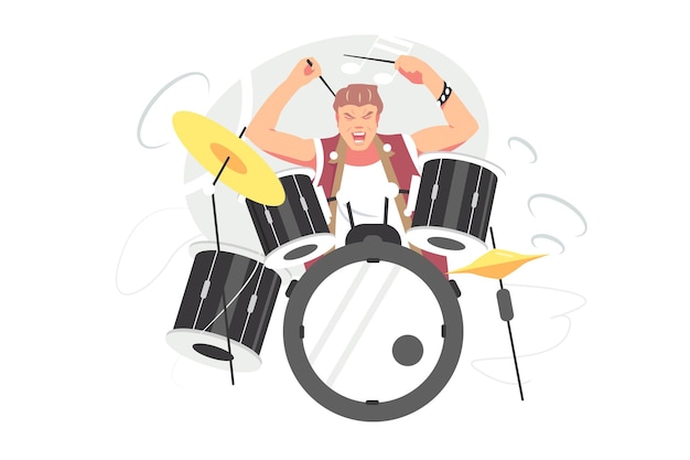 Vector chico músico tocando el tambor set ilustración vectorial. golpe de platillos por baquetas, tocando con pasión el estilo plano. rock, música, concepto de concierto en vivo. aislado sobre fondo blanco