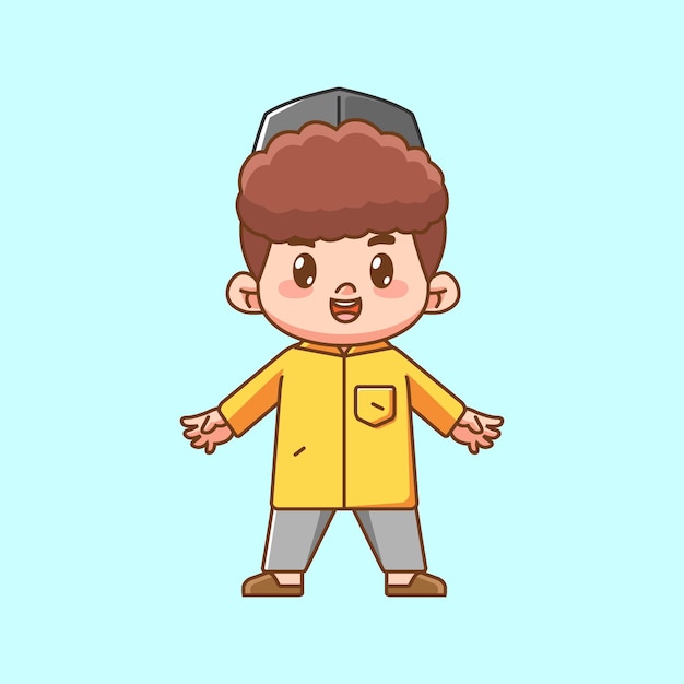 Chico musulmán feliz y lindo kawaii chibi personaje mascota ilustración diseño de estilo de contorno