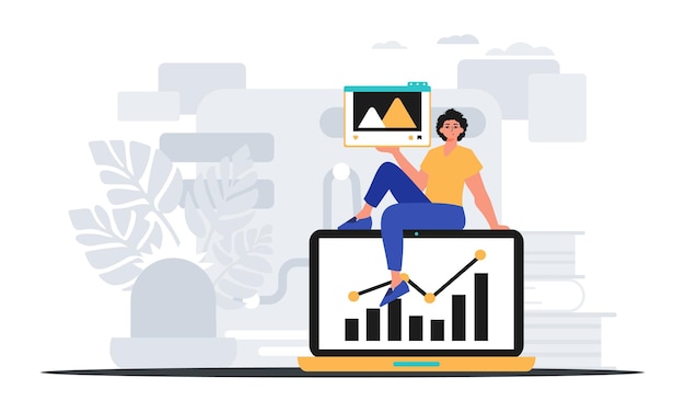 Chico con película y gráfico de crecimiento La supresión del concepto de comercialización digital del plan de puntuación capaz Estilo de moda Ilustración vectorial
