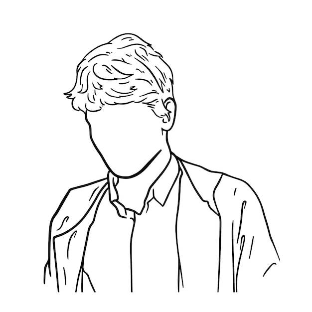 Un chico con el pelo corto en una camisa en una chaqueta dibuja dibujos animados lineales para colorear