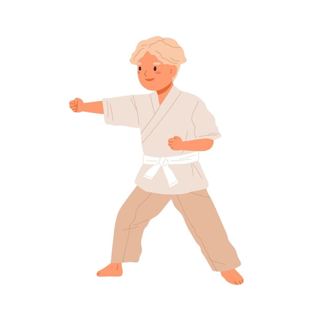 Chico practicando karate. chico lindo haciendo ejercicios de taekwondo. entrenamiento infantil en kimono con cinturón blanco. actividad deportiva juvenil. arte marcial. ilustración de vector plano aislado de perforación de atleta joven.