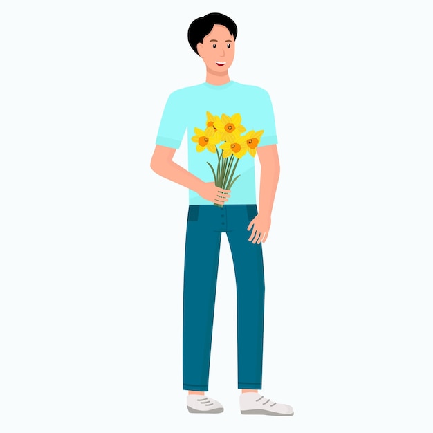 Chico con ramo de flores en su ilustración de vector de mano