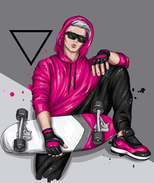 Chico con ropa elegante y patineta