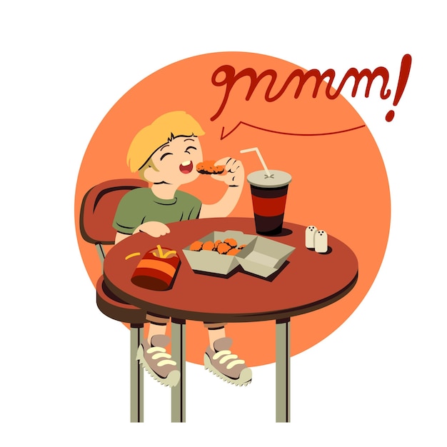 un chico rubio feliz comiendo comida rápida