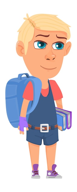 Vector chico rubio yendo a la escuela. niño con mochila y libros aislado sobre fondo blanco.