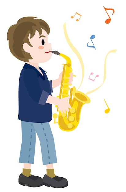 El chico del saxofonista. Esta es una ilustración del instrumento musical y la persona.