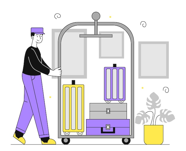 Chico de servicio con equipaje hombre lineal con equipaje personal de servicio de vacaciones de hotel y cartel de vacaciones
