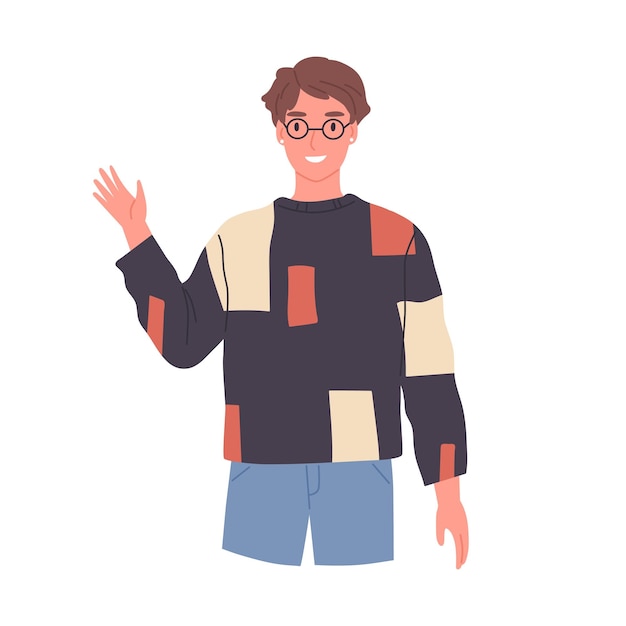 Chico sonriente con gafas saludando y saludando con la mano. Hombre amable feliz saludando y dando la bienvenida a smb con un gesto de hola. Ilustración de vector plano coloreado aislado sobre fondo blanco.