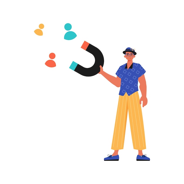 El chico sostiene una charla atractiva en su empinada que atrae a considerar la ilustración vectorial de estilo moderno