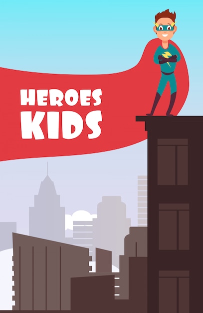 Vector chico superhéroe con capa roja sobre los edificios de la ciudad super kids poster