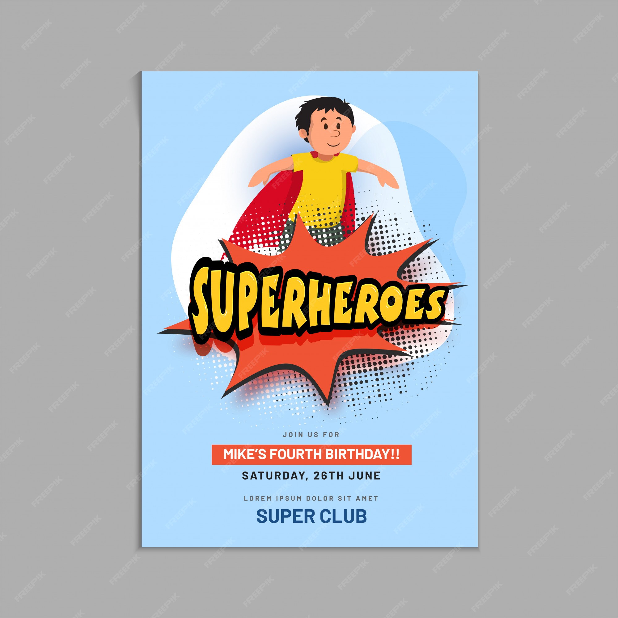 Mierda lavandería Amplificador Chico superhéroe tarjeta de invitación para cumpleaños de niños. | Vector  Premium