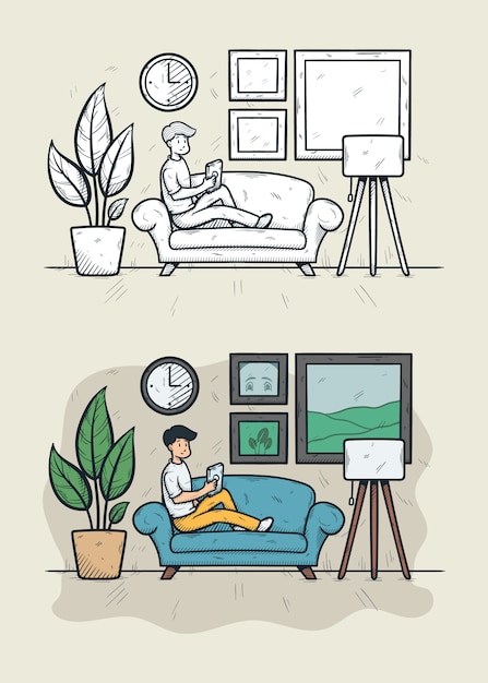 Un chico con tableta en sala de estar dibujado a mano ilustración grabada