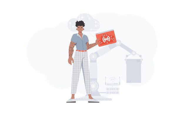 El chico tiene un icono de Internet en sus manos Concepto de Internet de las cosas Bueno para presentaciones y sitios web Ilustración vectorial