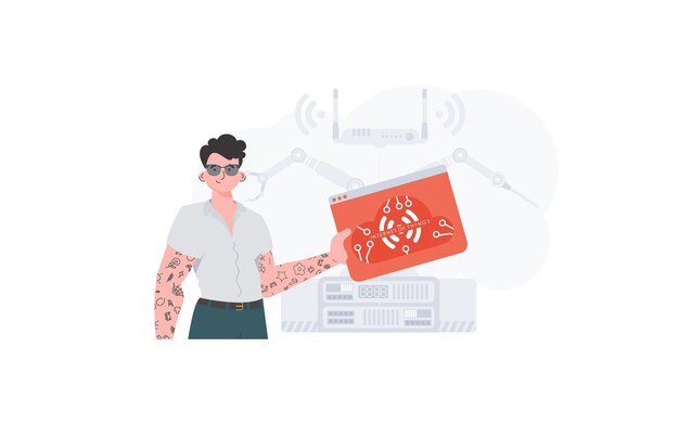 El chico tiene un icono de Internet en sus manos Concepto de Internet de las cosas Bueno para sitios web y presentaciones Estilo plano de moda Vector