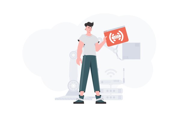 El chico tiene un icono de Internet en sus manos Concepto IoT Bueno para presentaciones y sitios web Ilustración vectorial en estilo moderno y plano