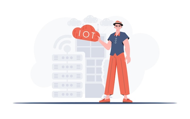 El chico tiene un icono de Internet en sus manos Concepto IoT Bueno para sitios web y presentaciones Estilo plano de moda Vector