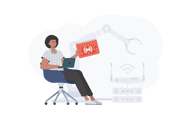El chico tiene un icono de Internet en sus manos Concepto IoT Bueno para sitios web y presentaciones Estilo plano de moda Vector