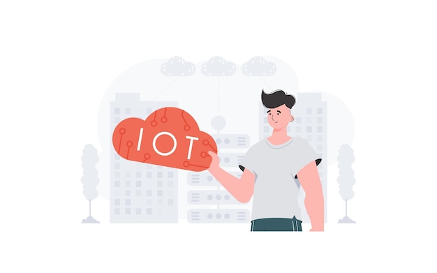 El chico tiene un icono de Internet en sus manos Internet de las cosas y el concepto de automatización Bueno para presentaciones y sitios web Estilo plano de moda Vector