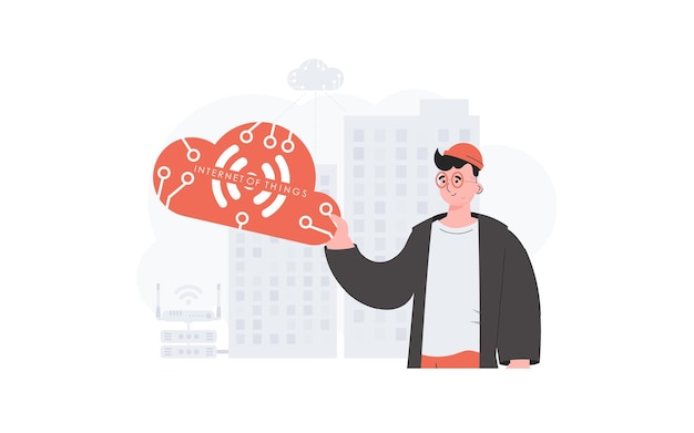 El chico tiene un icono de Internet en sus manos Internet de las cosas y el concepto de automatización Bueno para presentaciones y sitios web Ilustración vectorial en estilo plano