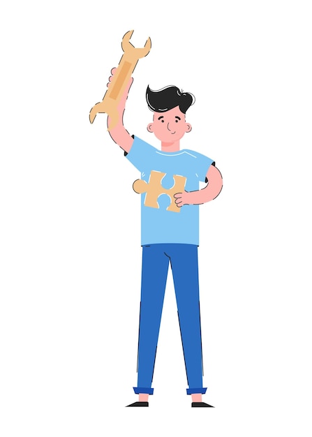 El chico tiene una llave inglesa y un rompecabezas en sus manos Aislado en fondo blanco Bueno para presentaciones de aplicaciones y sitios web Vector