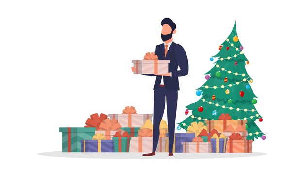 El chico tiene un regalo en sus manos. Árbol de año nuevo, muchos regalos, hombre. Concepto de año nuevo. Aislado. Vector.