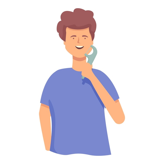 El chico toma el icono del hilo dental vector de dibujos animados Sonríe feliz.