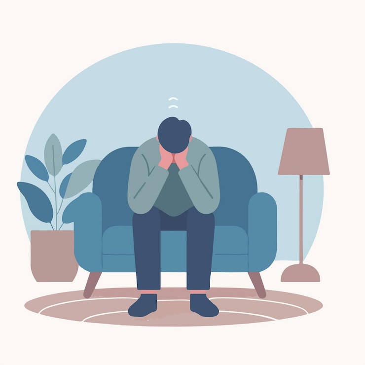 Vector chico triste vectorial sentado en el sofá con un estilo de diseño plano simple y minimalista