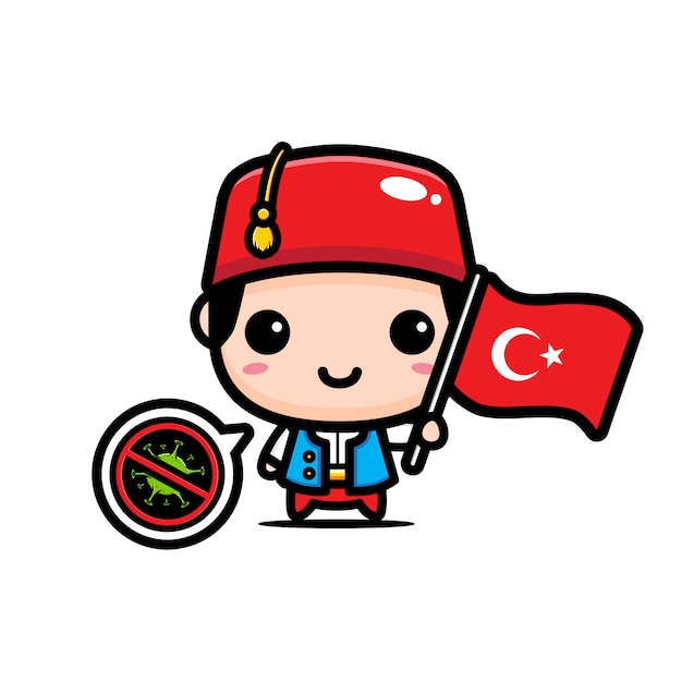 Chico de turquía con bandera contra virus